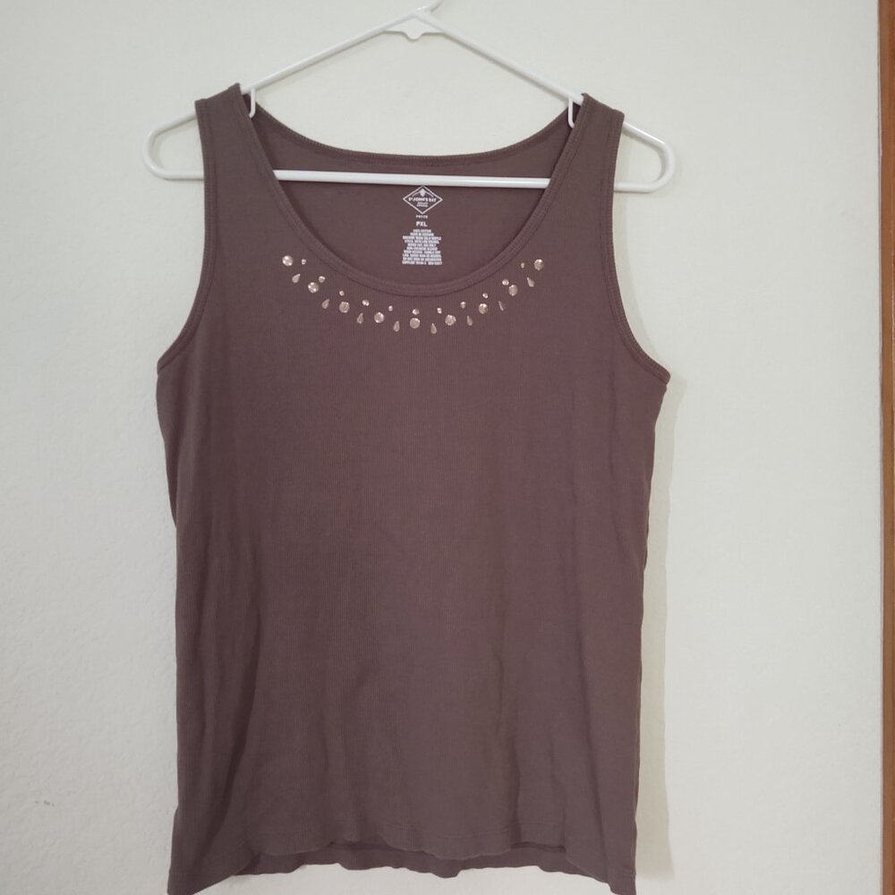 ST JOHNS BAY PXL WOMENS EMBELISHED SCOOP NECK RIBBED TANK TOP MOCHA BROWN